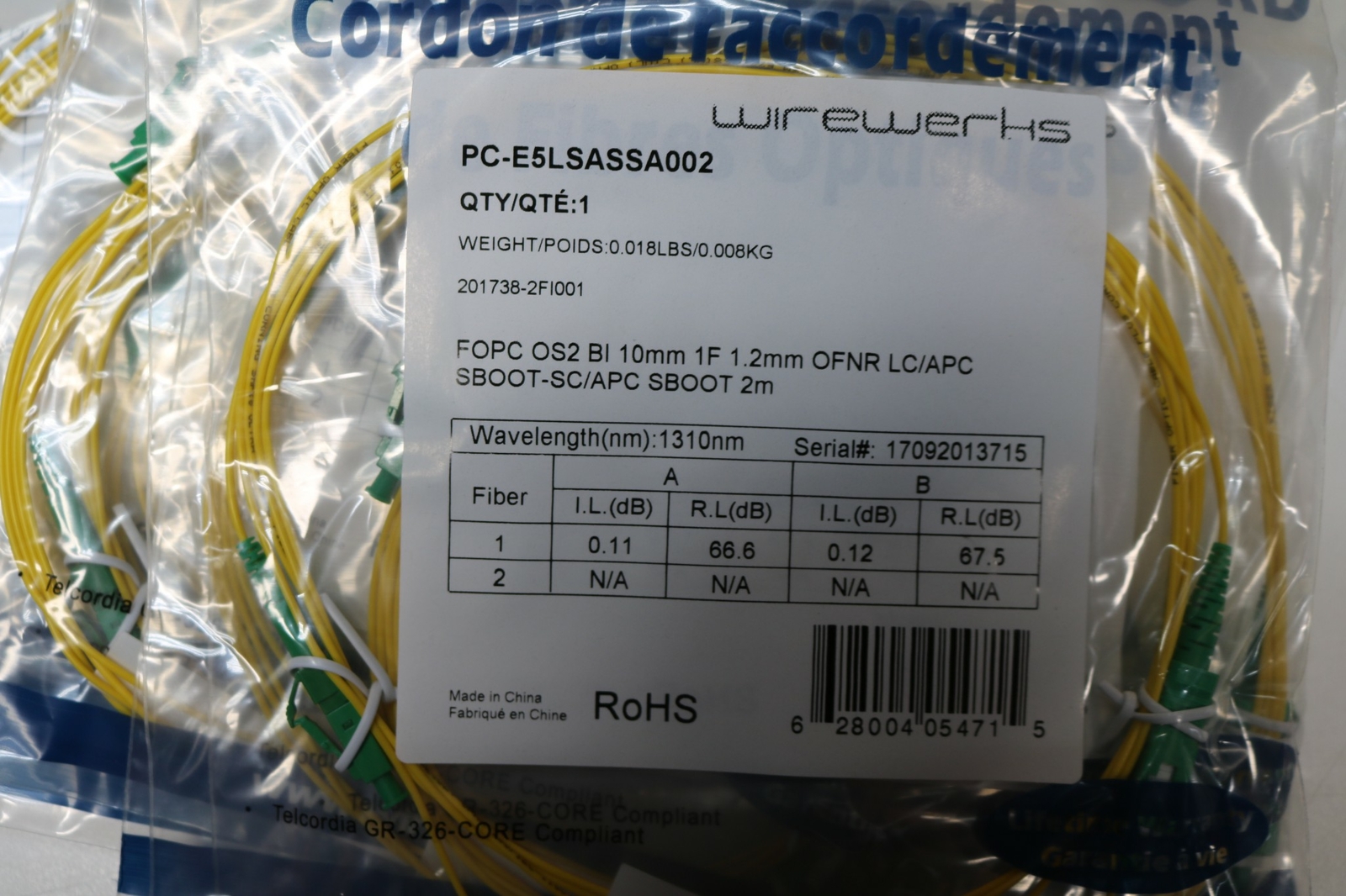 50x Lot 2m 6.5ft Fiber Optic Patch Cable Singlemode Simplex Fiber OFNR LC/APC