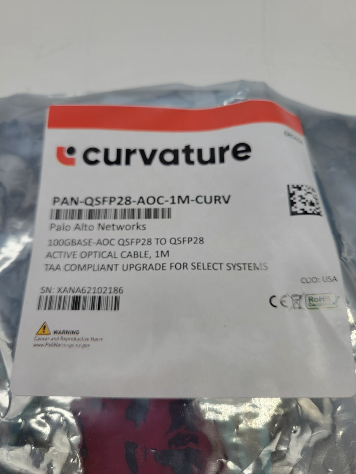Curvature 6 Active Optical Cable 100Gbase-AOC. QSFP28 to QSFP28 1 meter length