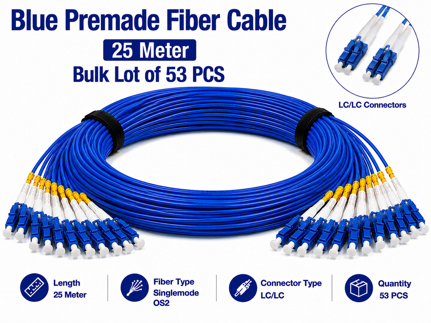 Blue Premade Fiber Cable 25 Meter – Bulk Lot of 53 PCS