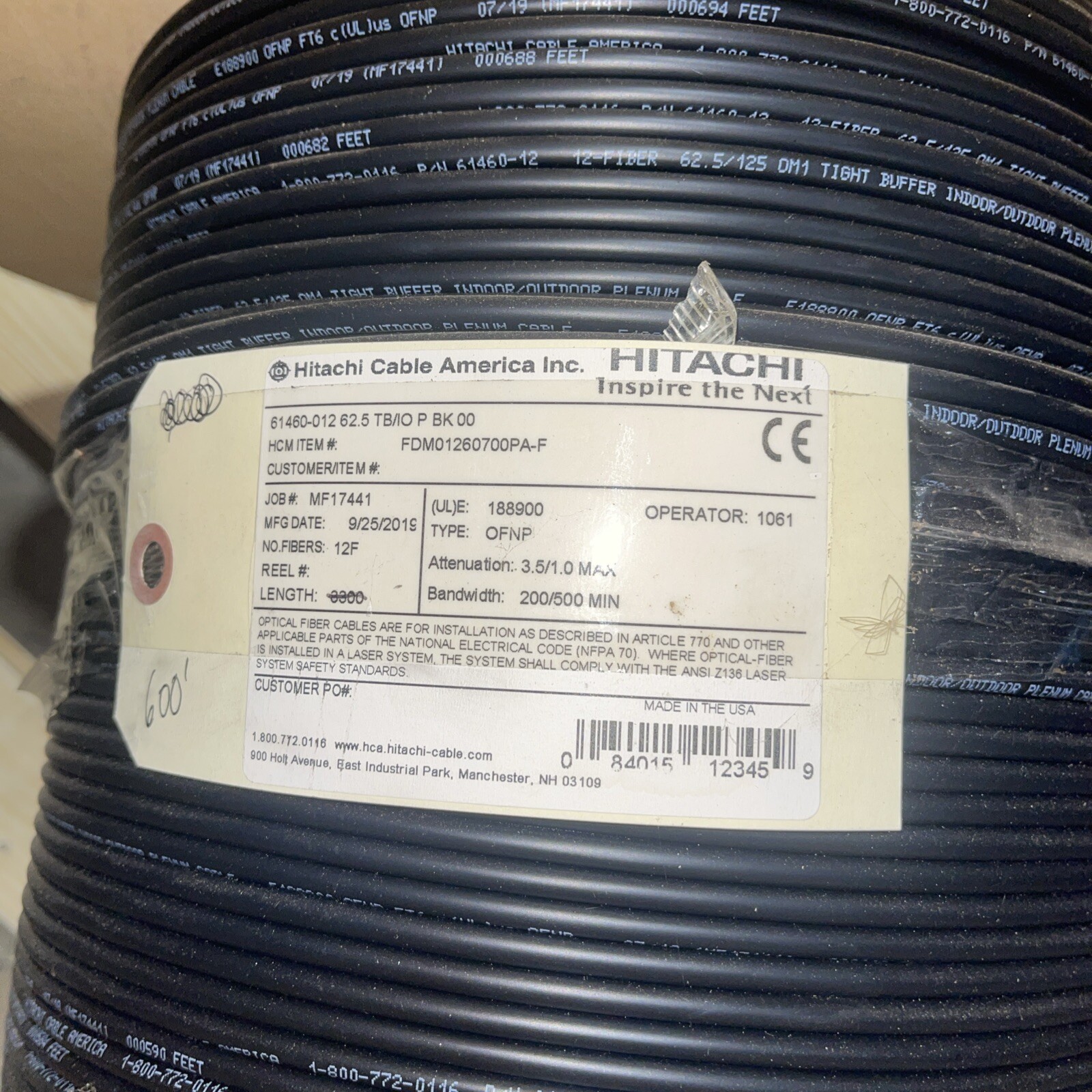 Hitachi 12 Strand Multimode Fiber Optic Cable, 61460-12, Per Ft
