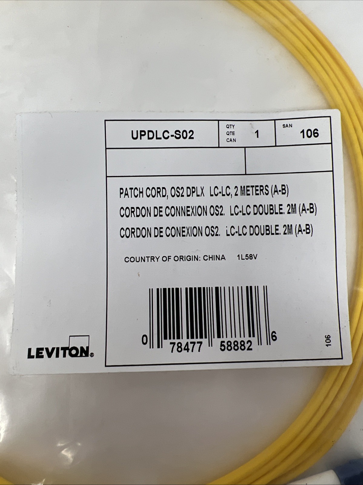 Leviton UPDLC-S02, 2 Meter, OFNR Duplex LC-LC Fiber Patch Cord Singlemode (OS2)