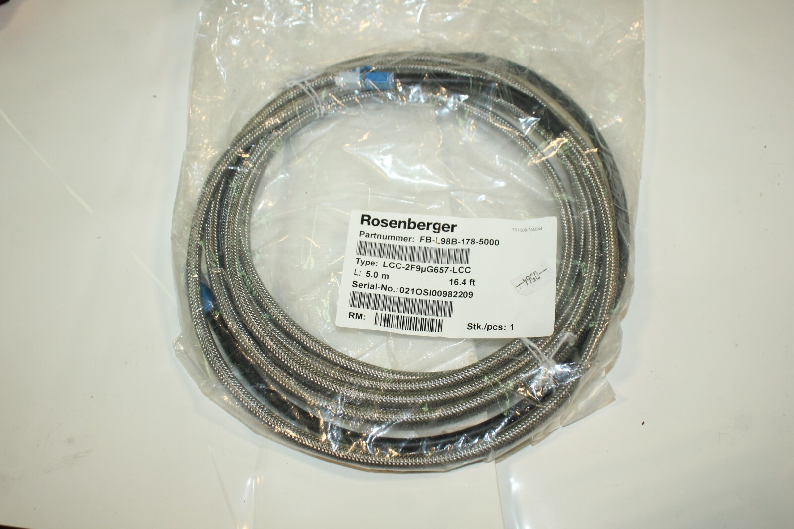 Rosenberger FB-L98B-178-5000 Fiber Cable Assy LCC-2F9UG657-LCC 5M