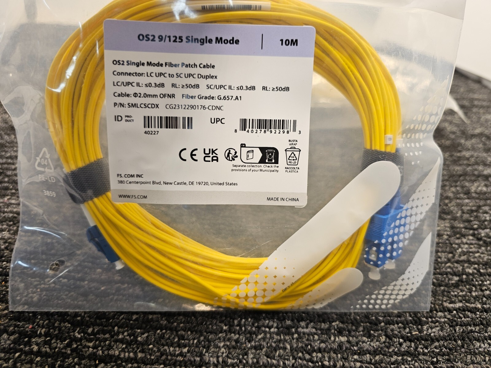 (QTY 2) FS SMLCSC Duplex 9/125 Single Mode 10m Fiber Patch Cable LC.UPC-SC/UPC