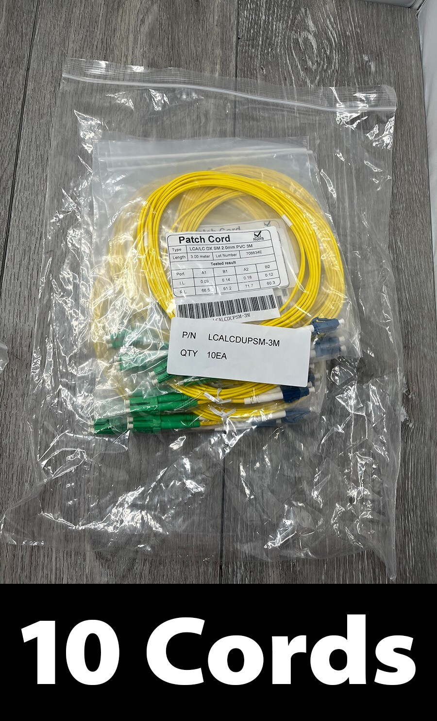 10pk SC/APC to SC/APC Duplex Singlemode PVC Patch Cords, Yellow 3M each