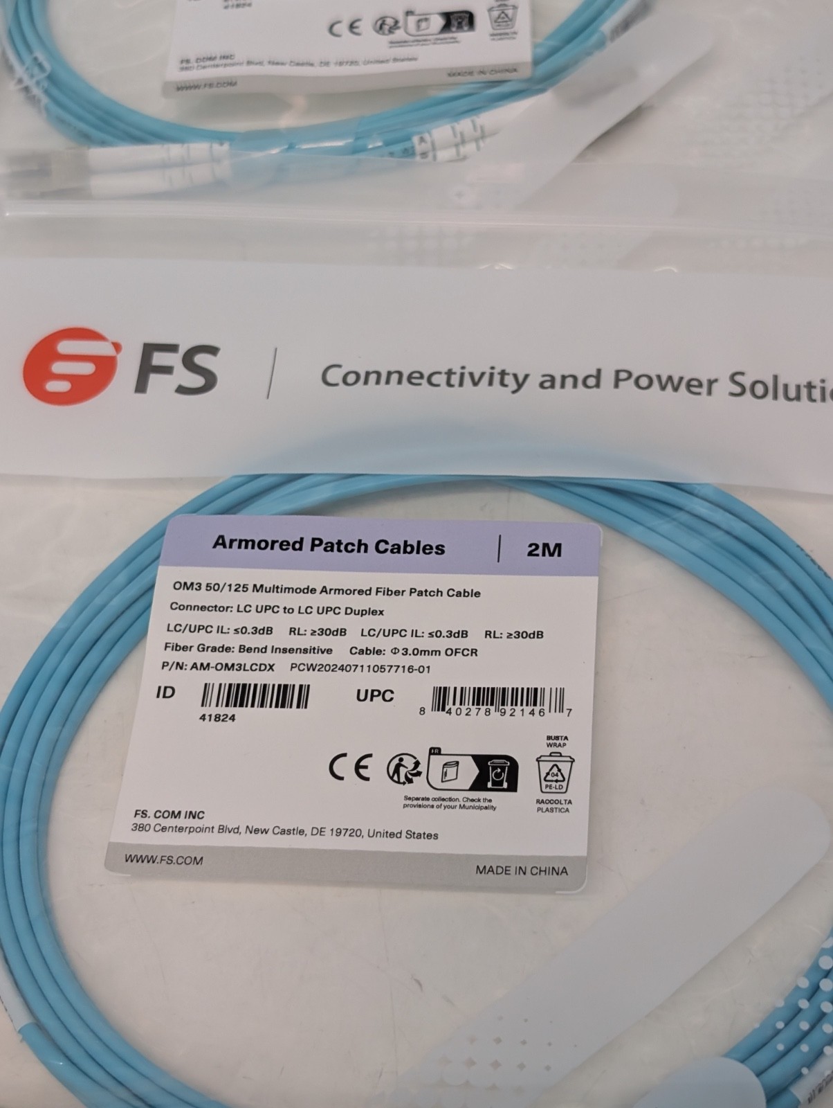 Lot of 15 FS AM-OM3LCDX Multimode Armored Fiber Patch Cables OM3 50/125 2m