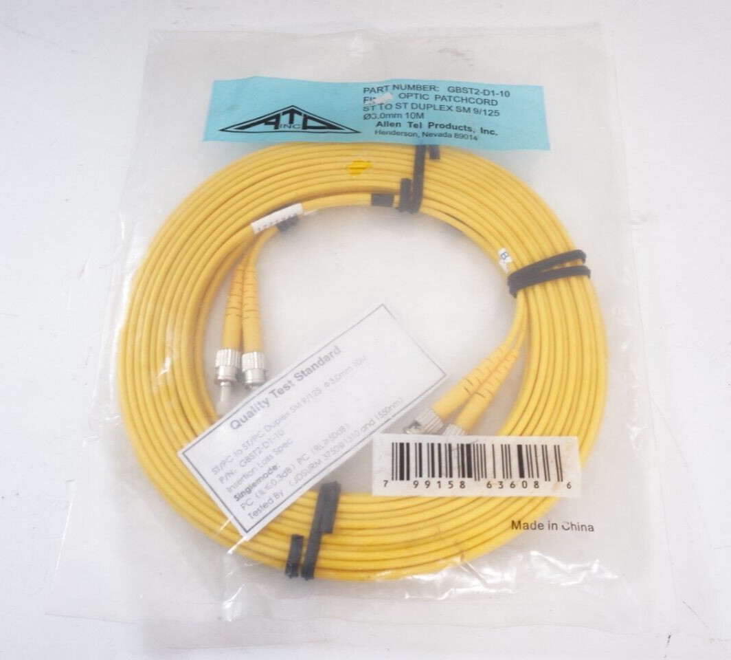 Allen Tel GBST2-D1-10 Duplex ST to ST Fiber Optic Patch Cord, Singlemode, 10 M