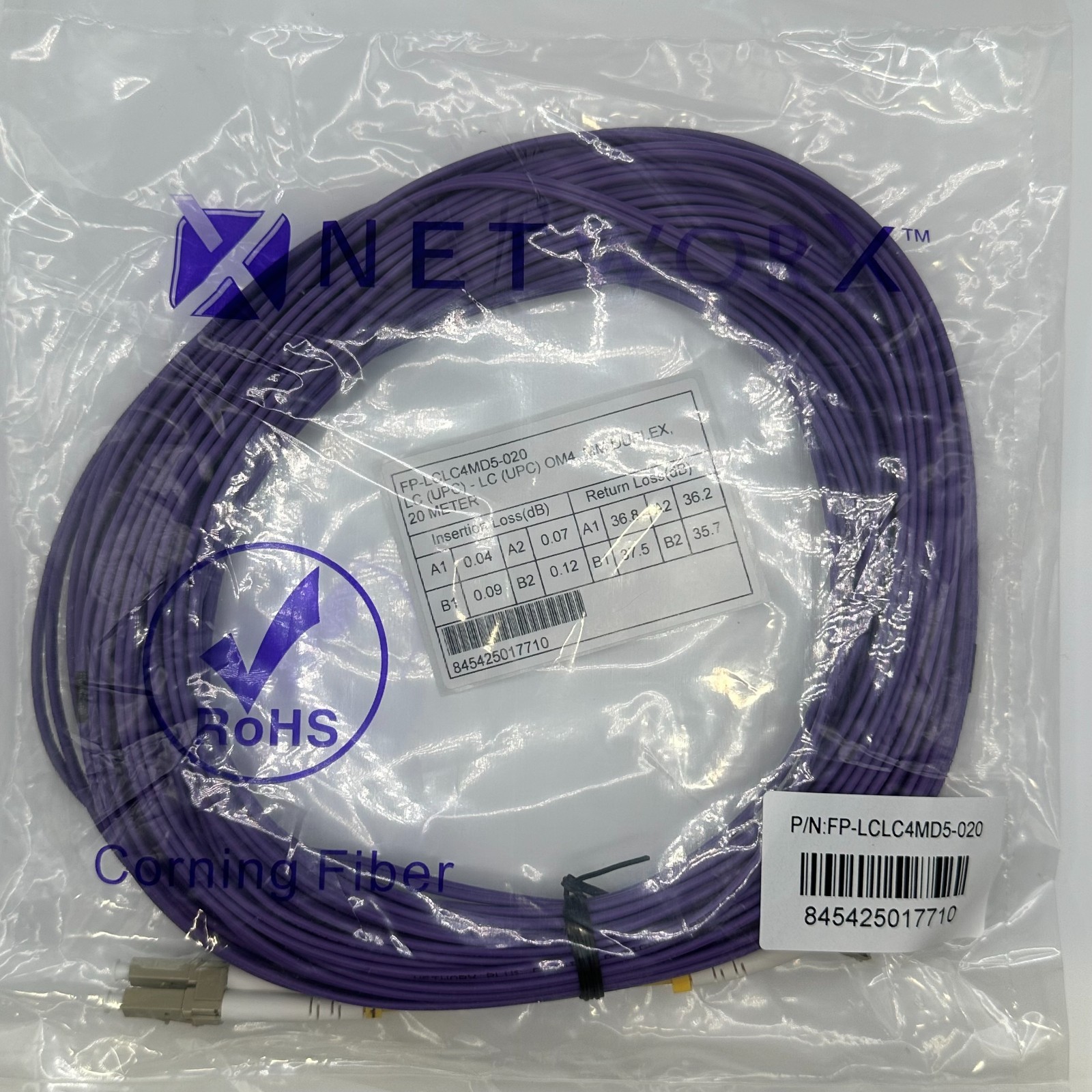 OM4 | 20 Meters | LC to LC | Multi-mode Fiber | Violet | 50/125 | Networx