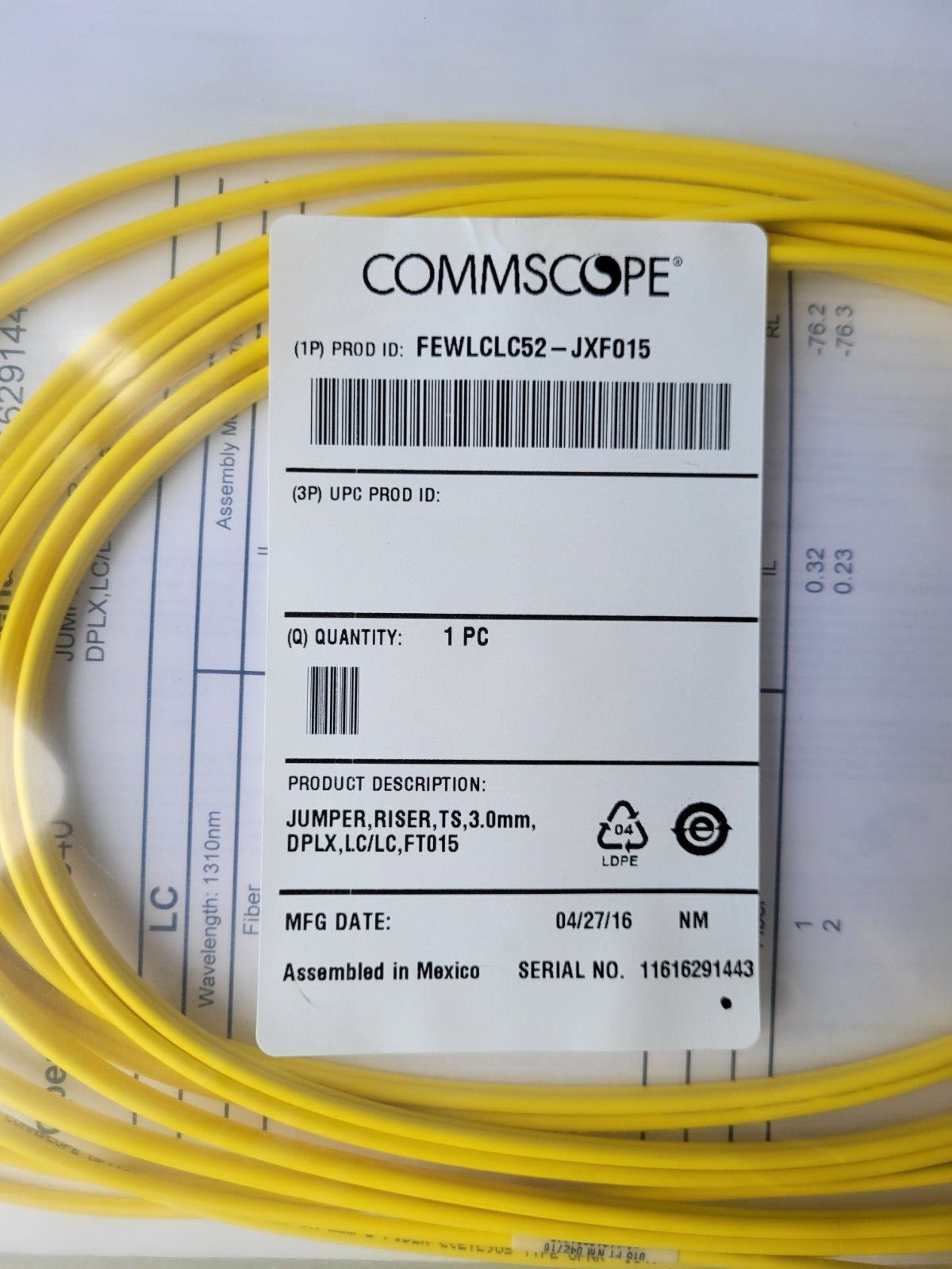New FEWLCLC52-JXF015 Duplex LC to LC 15FT 3.0 Mm Fiber Patch Cable w/ Test Data