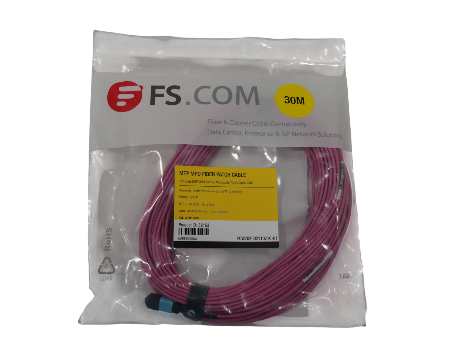 FS MTP/MPO Fiber Patch Cable 12 Fibers OM4 50/125 Multi Mode Trunk Cable 30M
