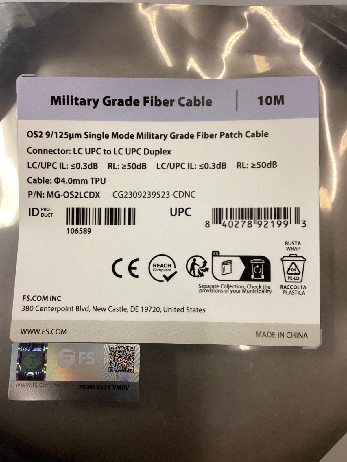 FS 9/125 LC/UPC – LC/UPC Military Armored Outdoor Patch Cable Duplex 10M 106589