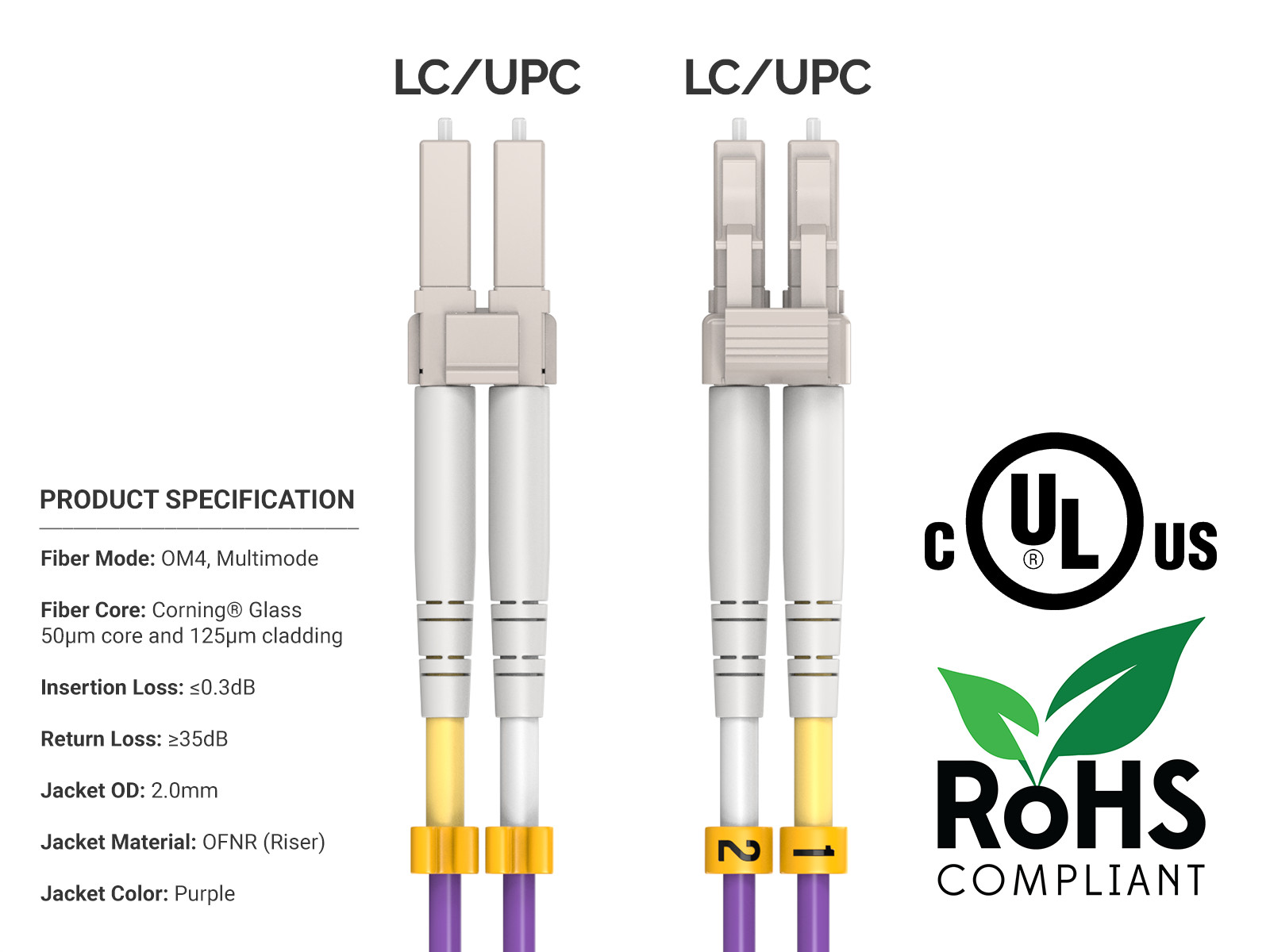 40m OM4 LC to LC UPC Duplex Corning Fiber Optic Cable Multimode 50/125 OFNR R…