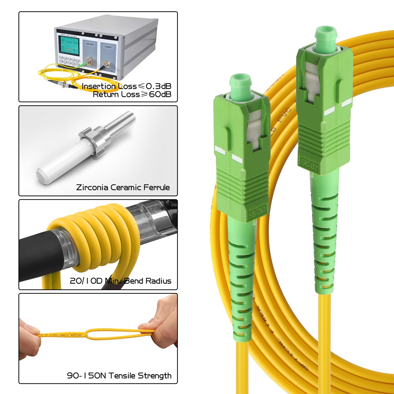 2 PCS SC/APC To SC/APC Fiber Optic Patch Cable OS2 Simplex 2m 6.5 FT White