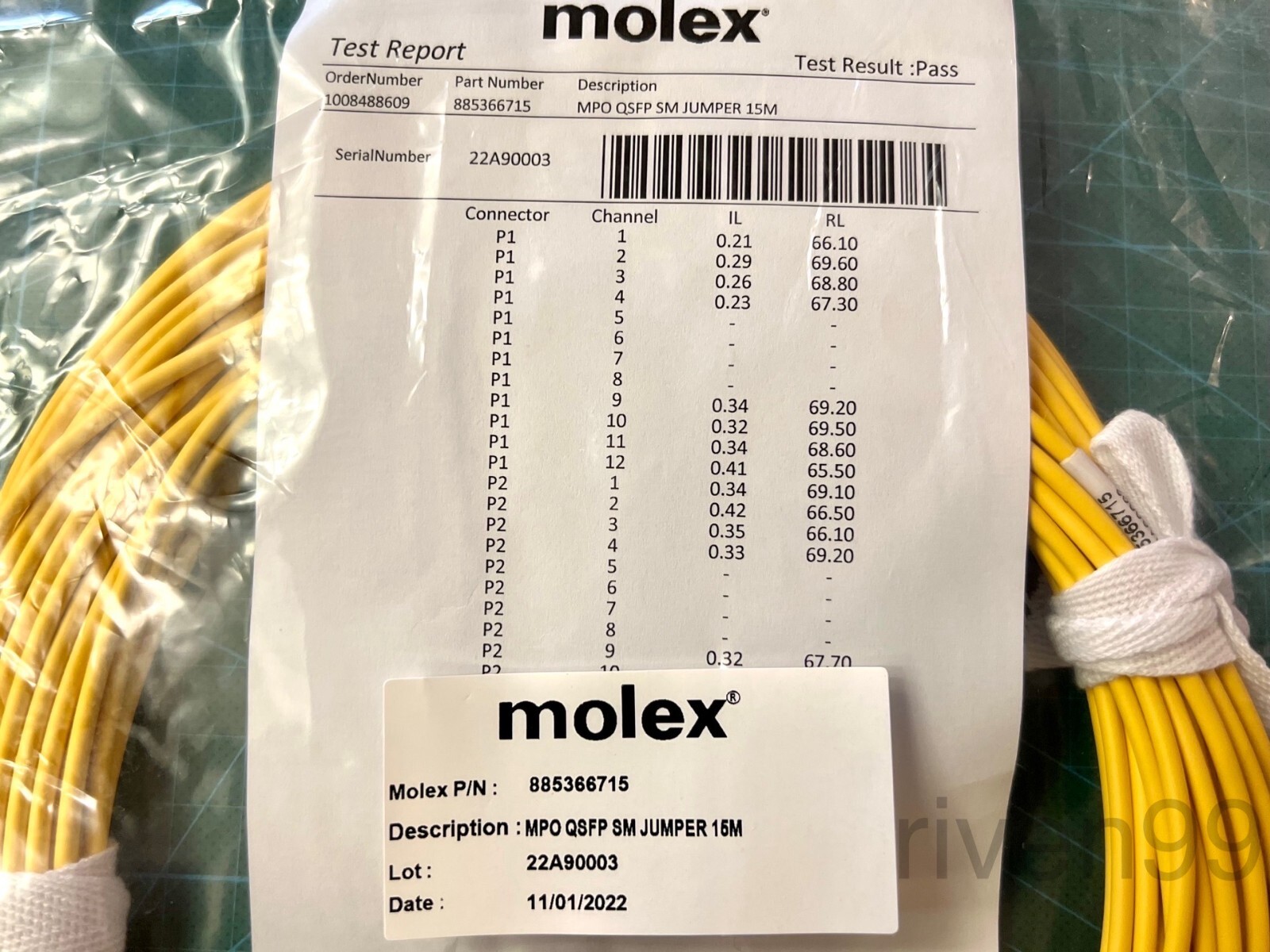 MOLEX QSFP MPO/MTP Female 8F Fiber Optic Trunk Patch Cable,Singlemode OS2 Yellow