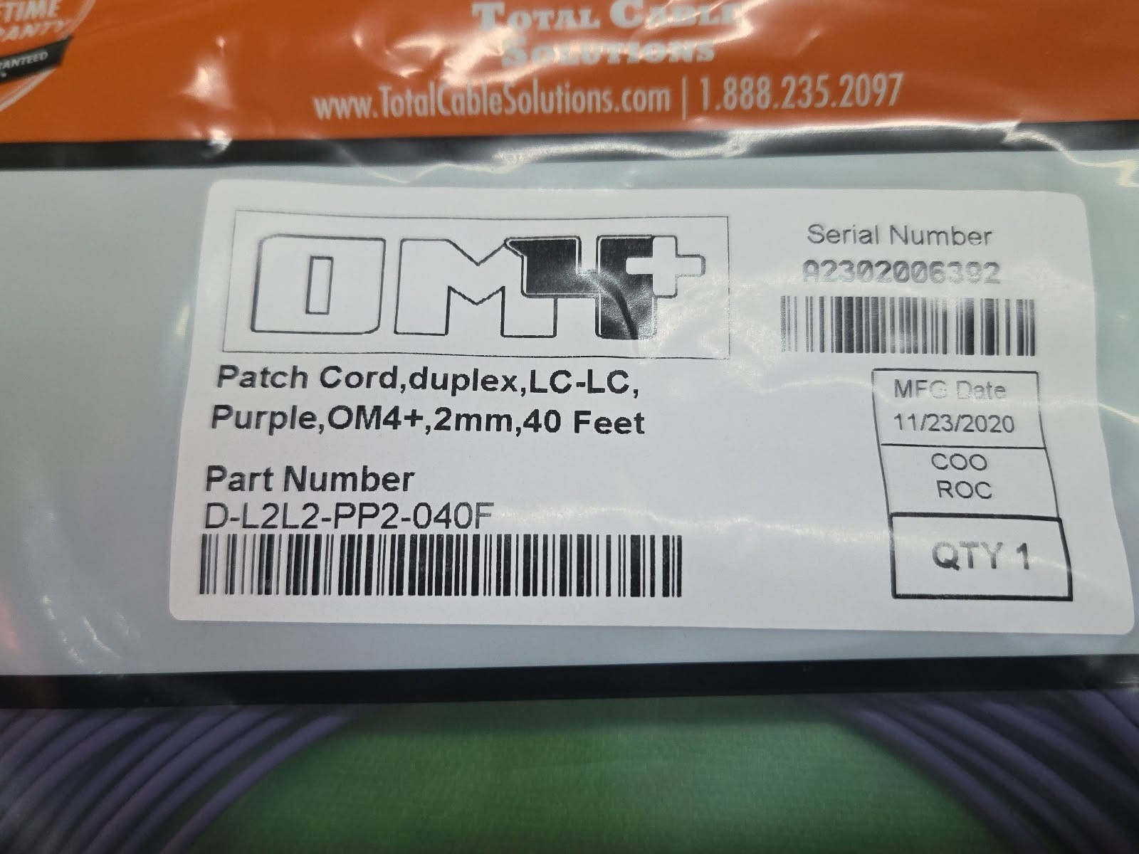 OM4 LC to LC Fiber Optic Patch MM Duplex Purple 50/125 40 FT LOT OF 10 PCS NEW
