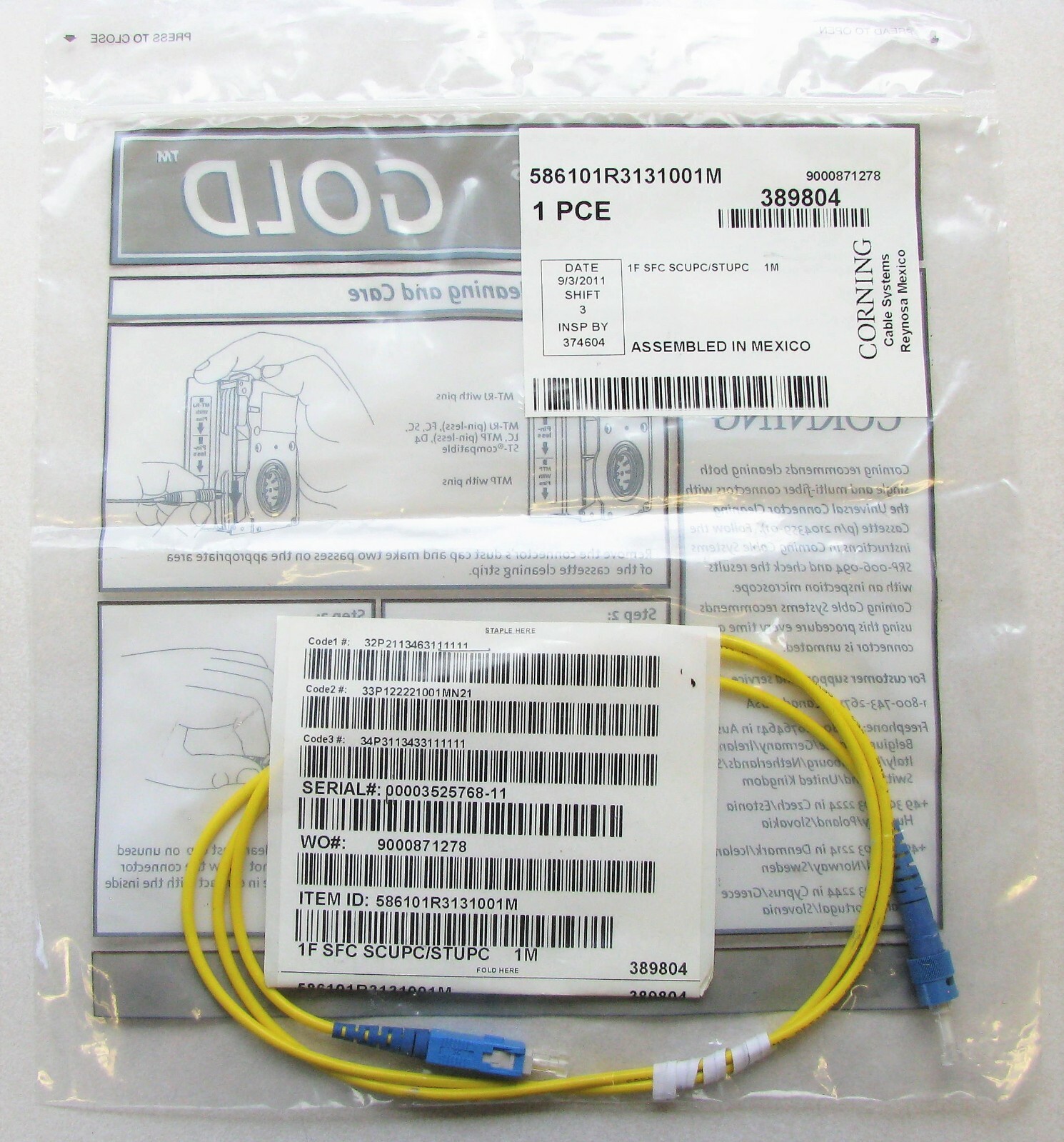 Corning Gold 586101R3131001M Fiber Optic Cable SC to ST, Simplex, SM OS2 Yellow
