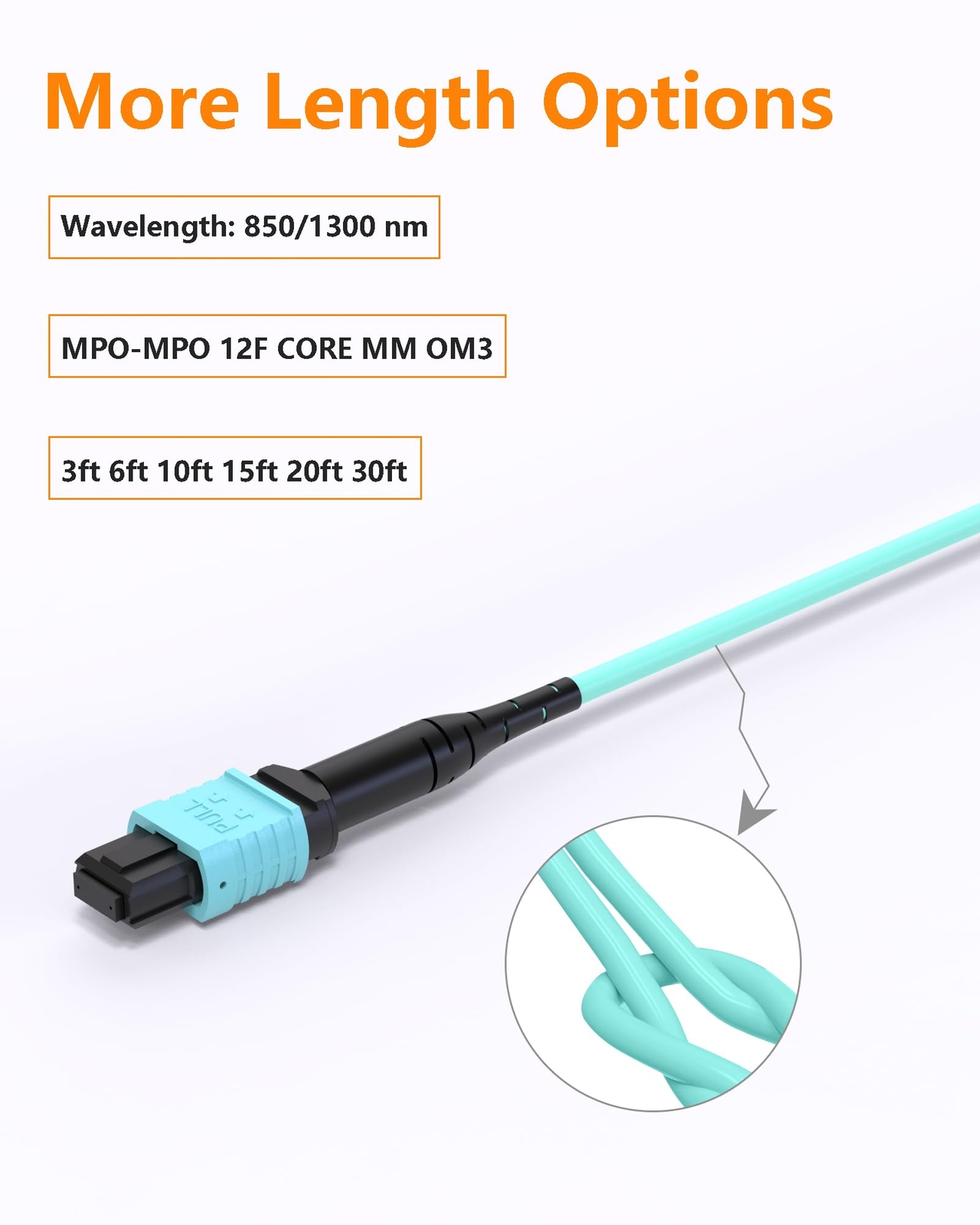 MPO Fiber Cable 3FT, Type B 12 Cores MPO to MPO Cable OM3 Fiber Patch Cable 1…