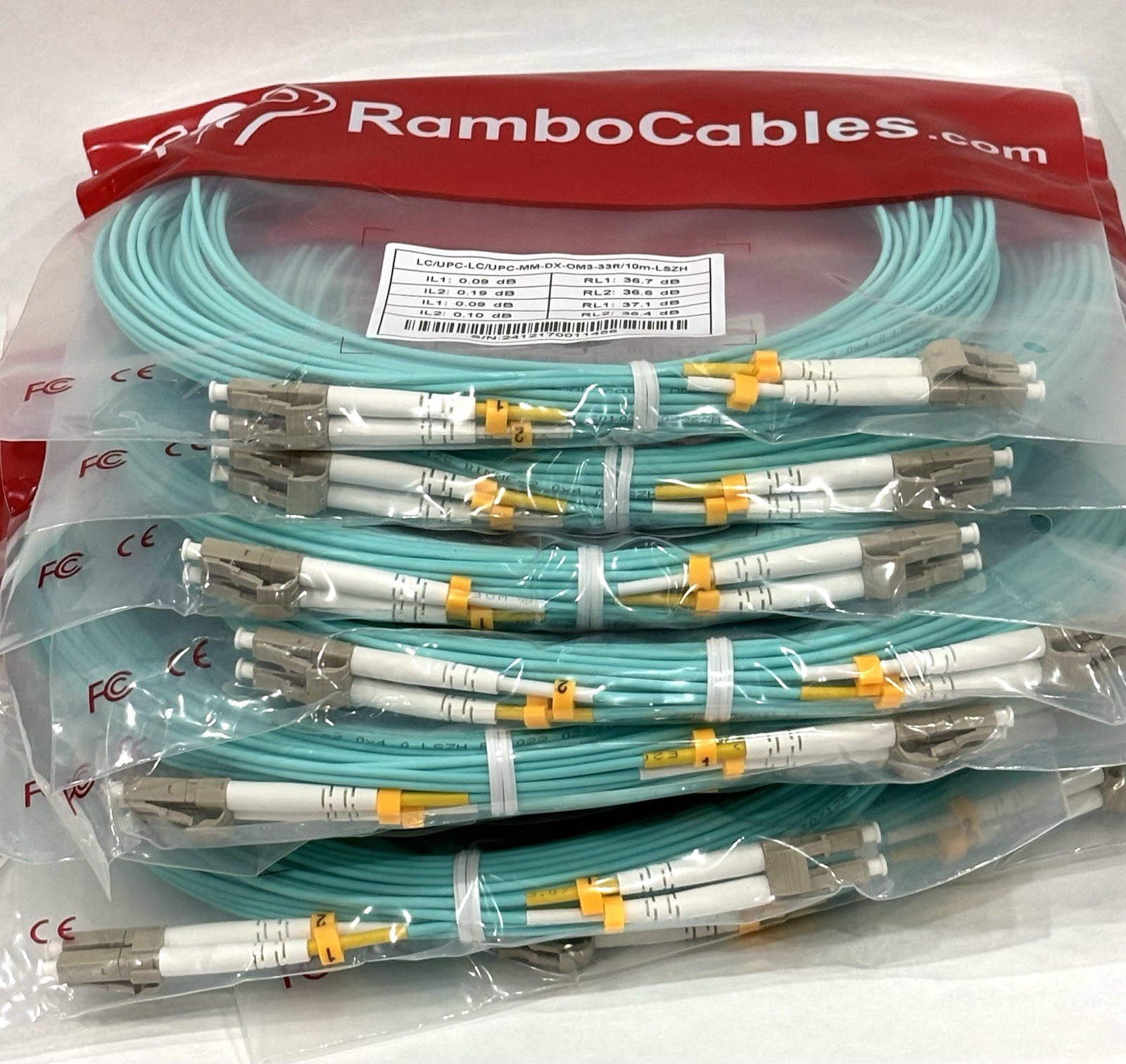 Lot of 10 RamboCables LC/UPC Duplex OM3 Multimode Fiber Cable 33ft 10m LSZH New