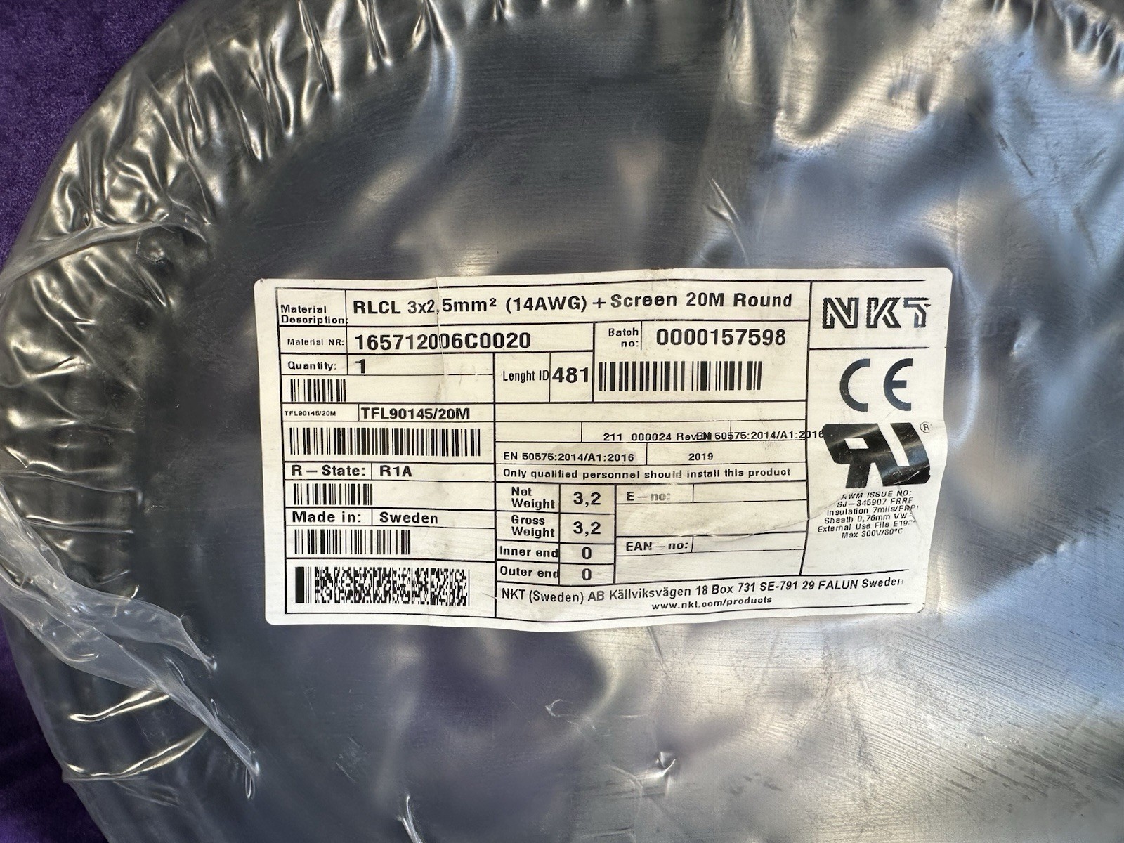 NKT TFL90145/20M Power Cable RLCL 3×2 5mm2 14AWG Screen 20M Round FREE SHIPPING