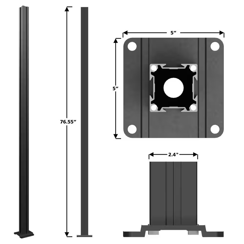 Modular Fencing 76 In. H Matte Black Aluminum Hard Surface Post for a 6 Ft. H Ou