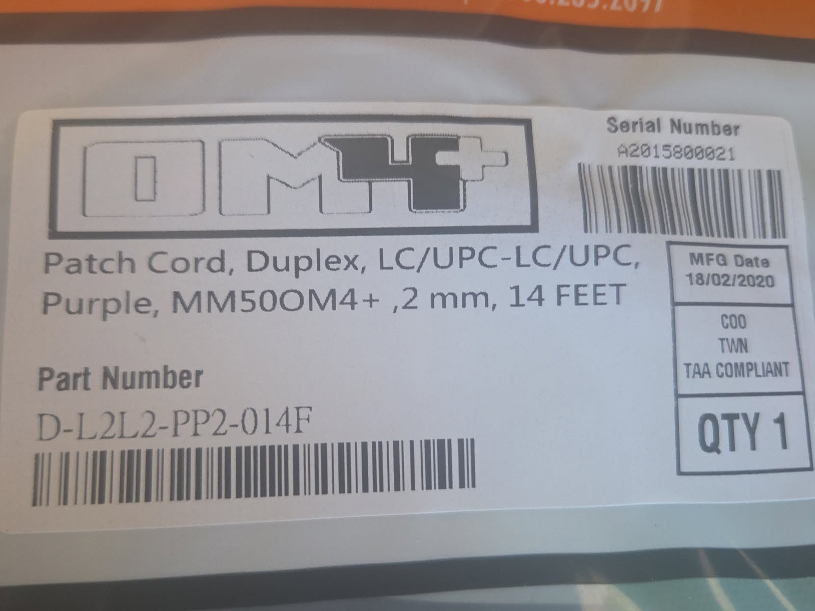 OM4 LC/UPC- LC/UPC Fiber Patch MM Duplex Purple 50/125 14 FT LOT OF 10 PCS NEW