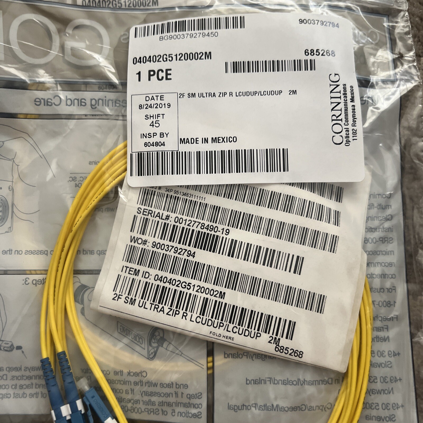 Corning Fiber Optic Cable Assembly 2F SM Ultra Zip R LCUDUP/LUCDUP 2M