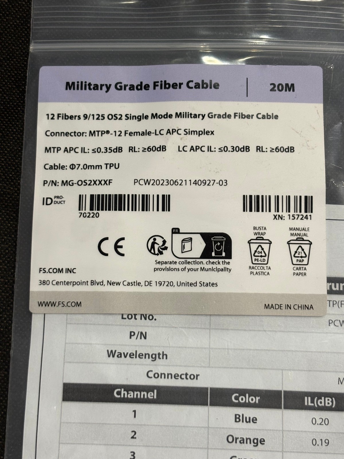 MTP 12 Female – LC APC Simplex Single Mode Military Grade Fiber Cable – 20M