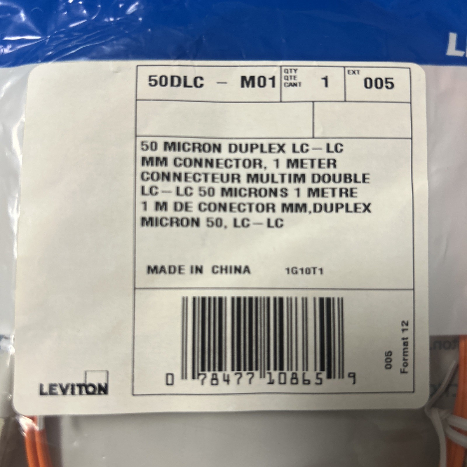 Leviton 50DLC-M01 Fiber Patch Cord, 50 Micron Duplex LC-LC 1 Meter