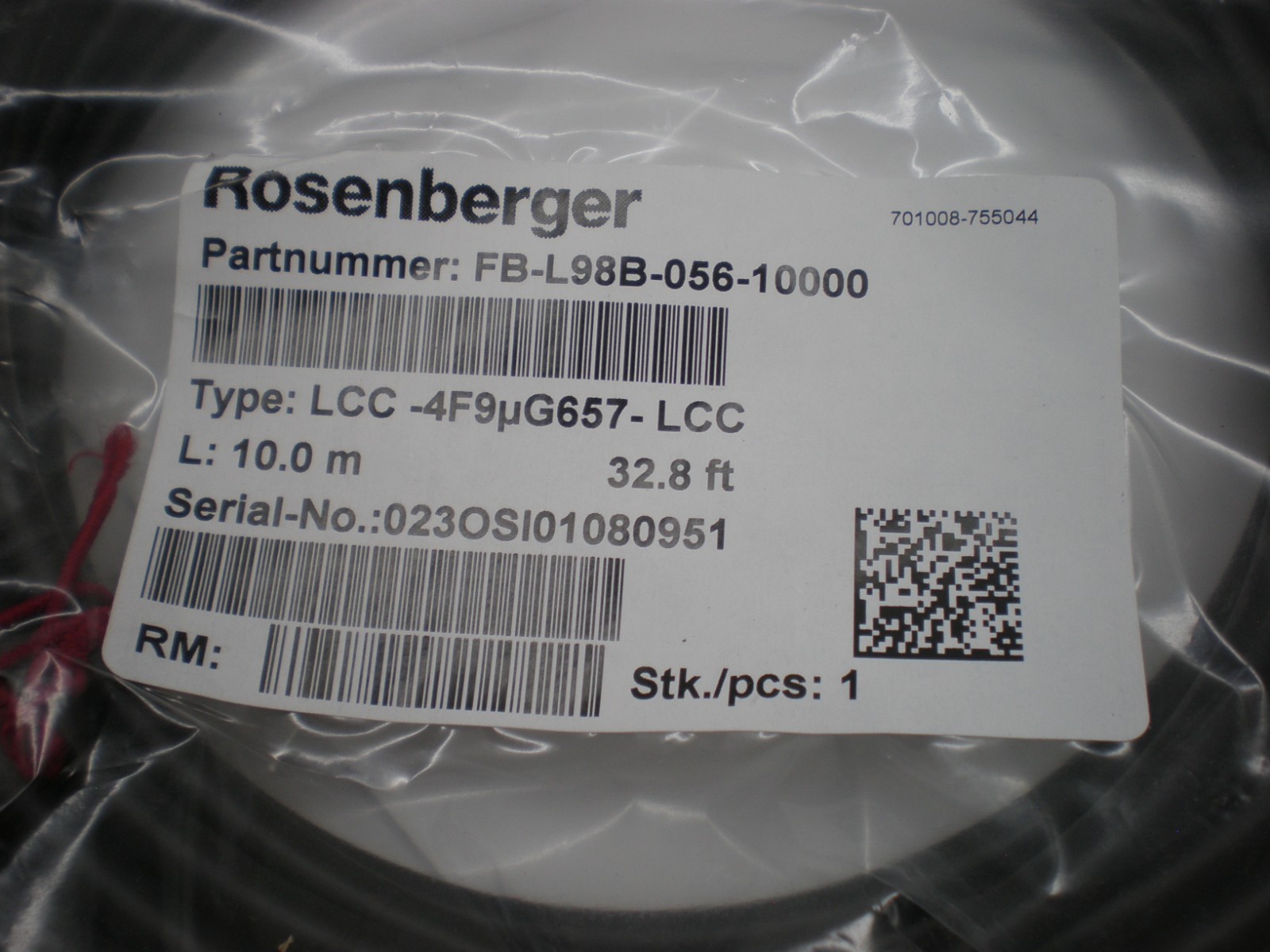 Rosenberger FB-L98B-056-10000, Fiber Jumper Cable 10M 32.8′ FT LLC-4F9μG657-LCC