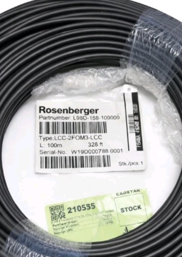 Rosenberger OM3 LSZH OFNR Fiber Optic Cable 100m LC-LC Telecom Grade 2F Reel
