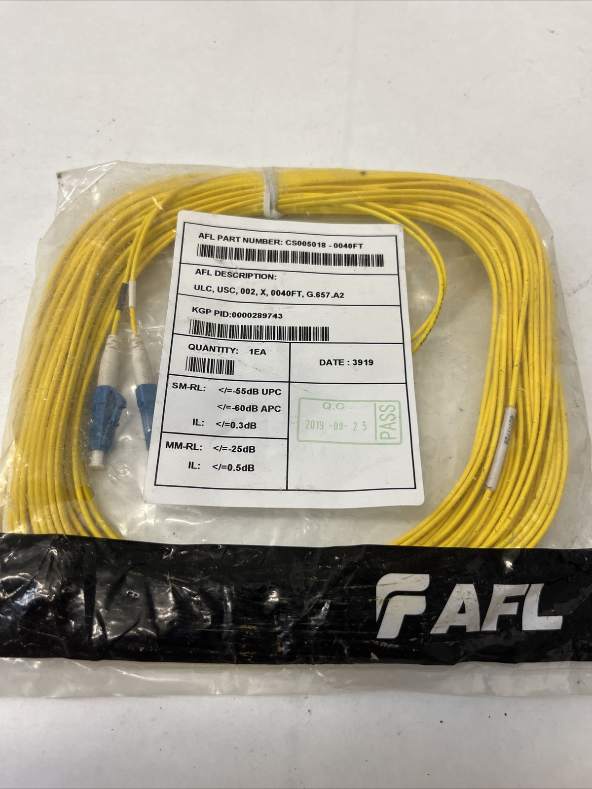 GENUINE AFL FIBER OPTIC CABLE CS005018-0040FT YELLOW