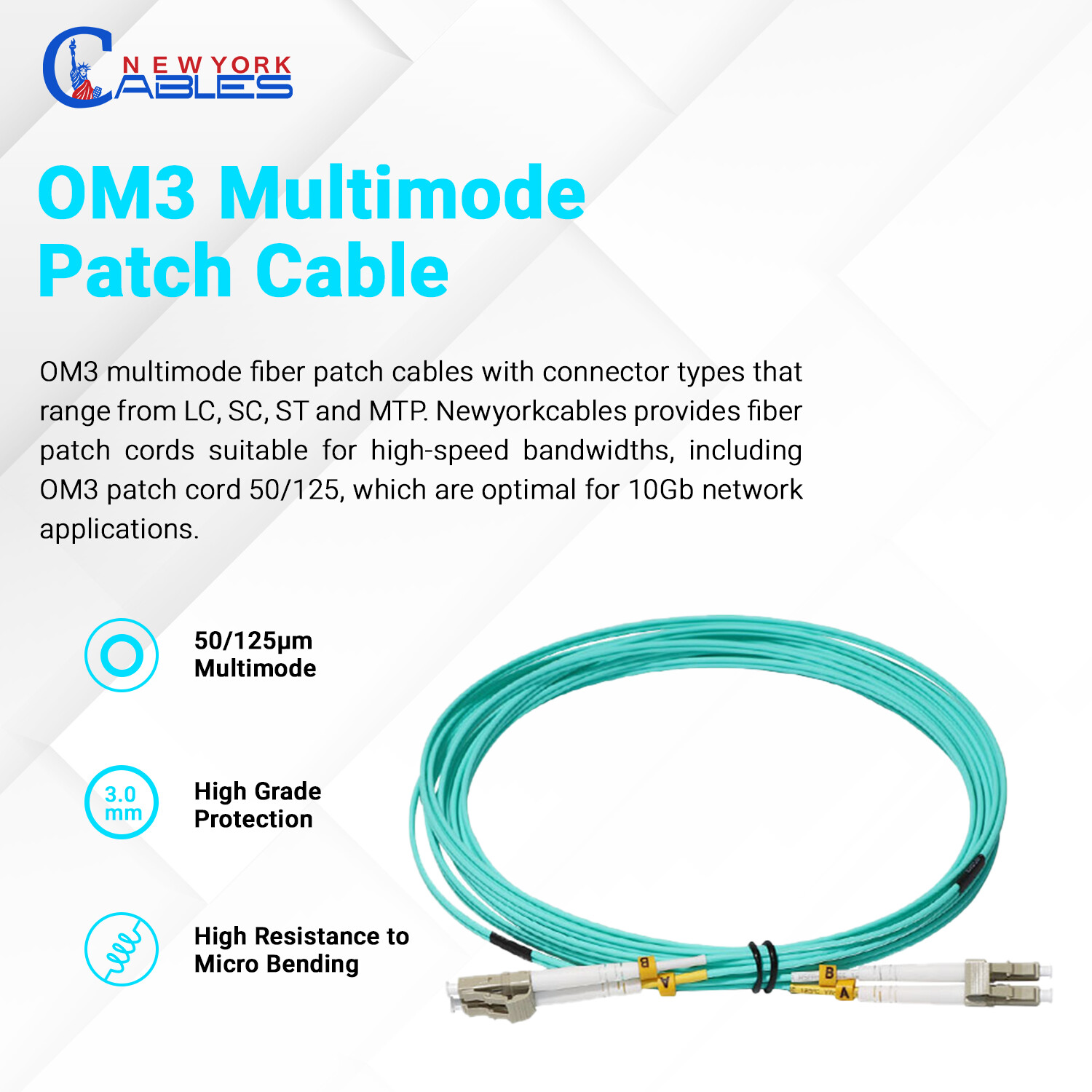 OM3 LC to LC Fiber Optic Patch Cable Multimode Duplex 50/125 Aqua LC LC 1M – 15M