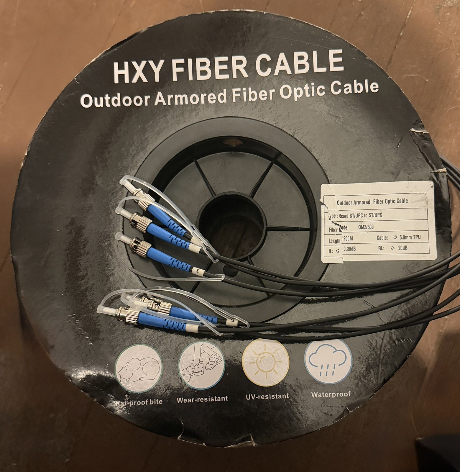 200M/656ft 6 Core OM3 Multimode ST to ST Outdoor Armored Fiber Patch Cable, Dire