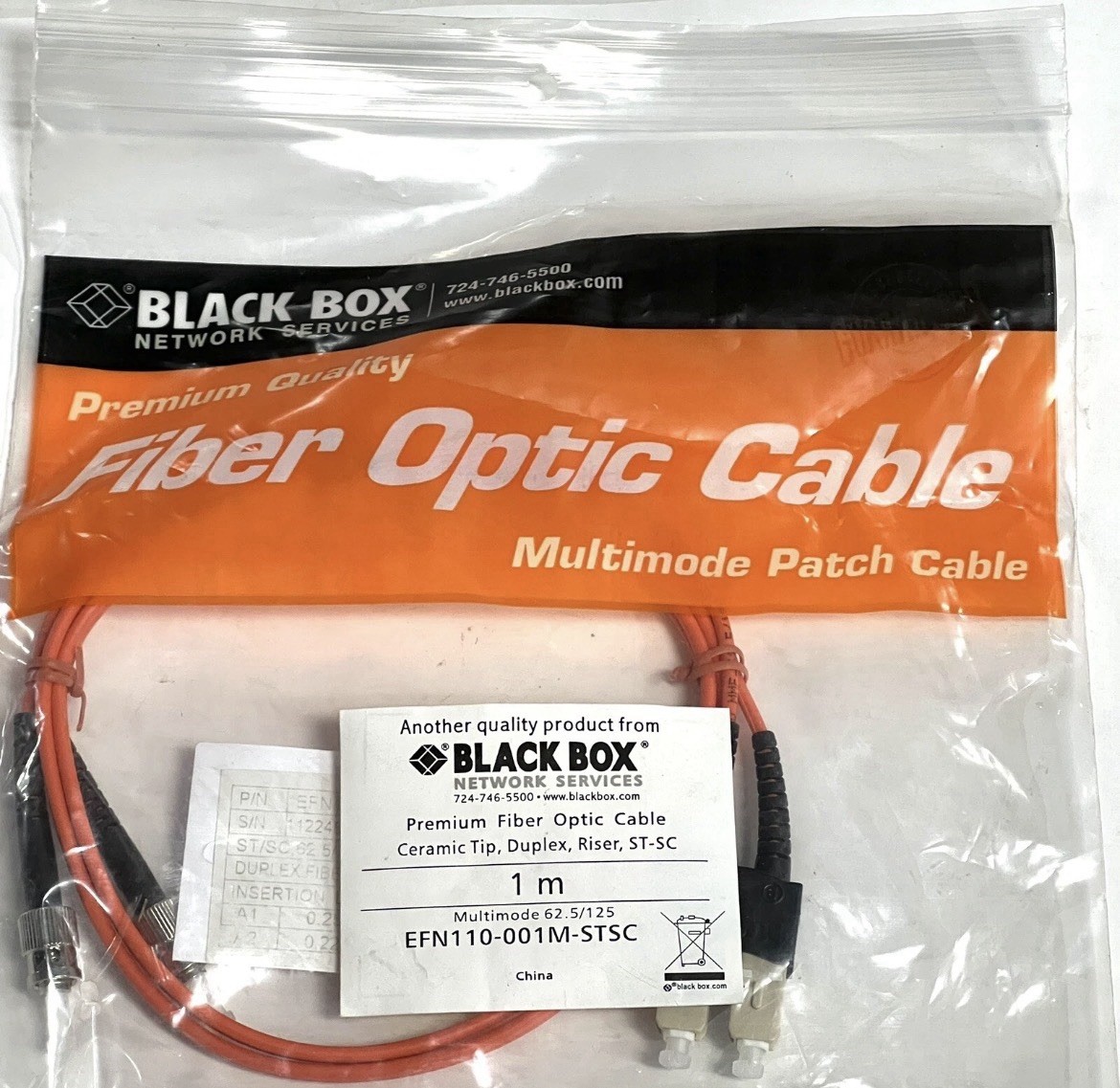 BLACK BOX FIBER OPTIC CABLE MULTIMODE EFN110-001M-STST 3 Feet