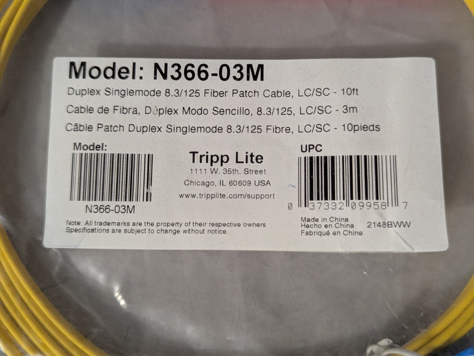 Tripp Lite – N366-03M – 3M Fiber Cables – 50/125 Duplex OM3 LC/LC 10ft