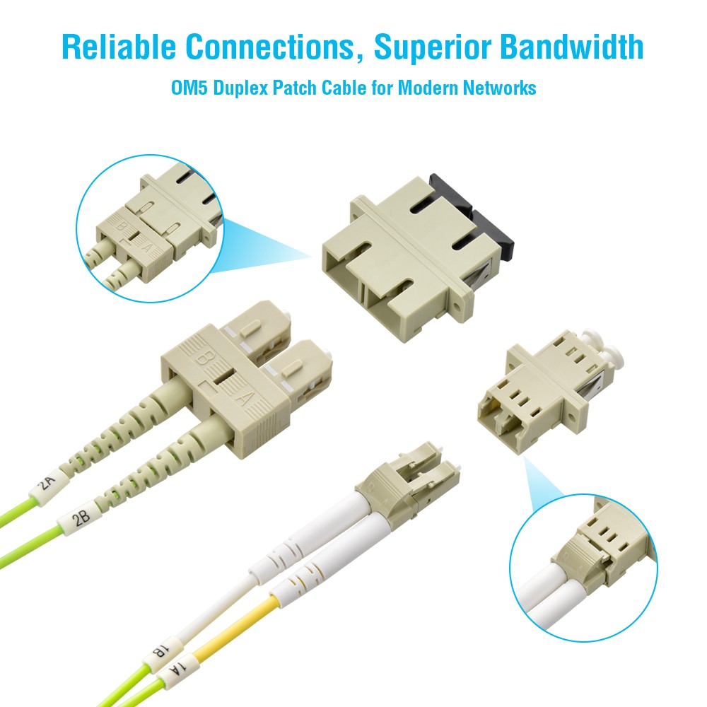 5 Pack of 7m LC/UPC-SC/UPC OM5 Multimode Duplex OFNR 2.0mm Green Fiber Optic Pat