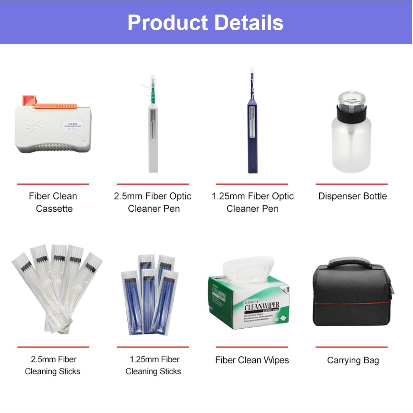 Fiber Optic Cleaning Kit Fiber Optic Ftth Cleaner Tools With 1.25mm / 2.5mm Fibe
