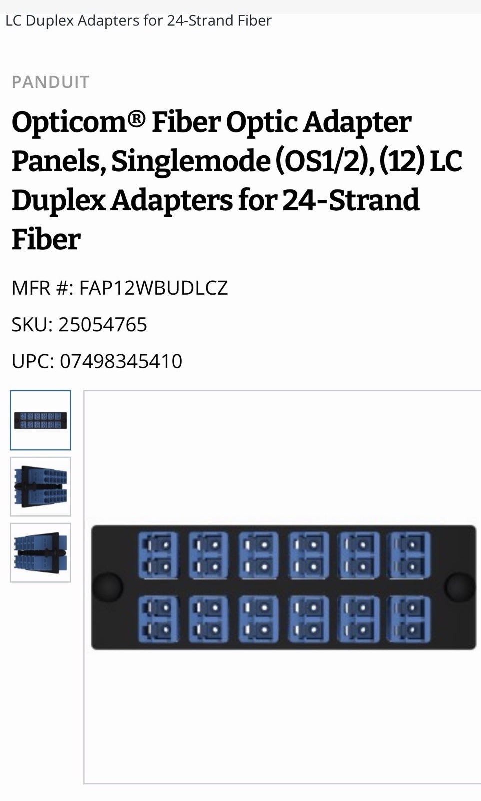 Panduit – FAP12WBUDLCZ – 12 DUPLEXES LC SM UPC OS1/OS2 FIBER Adapter Panel