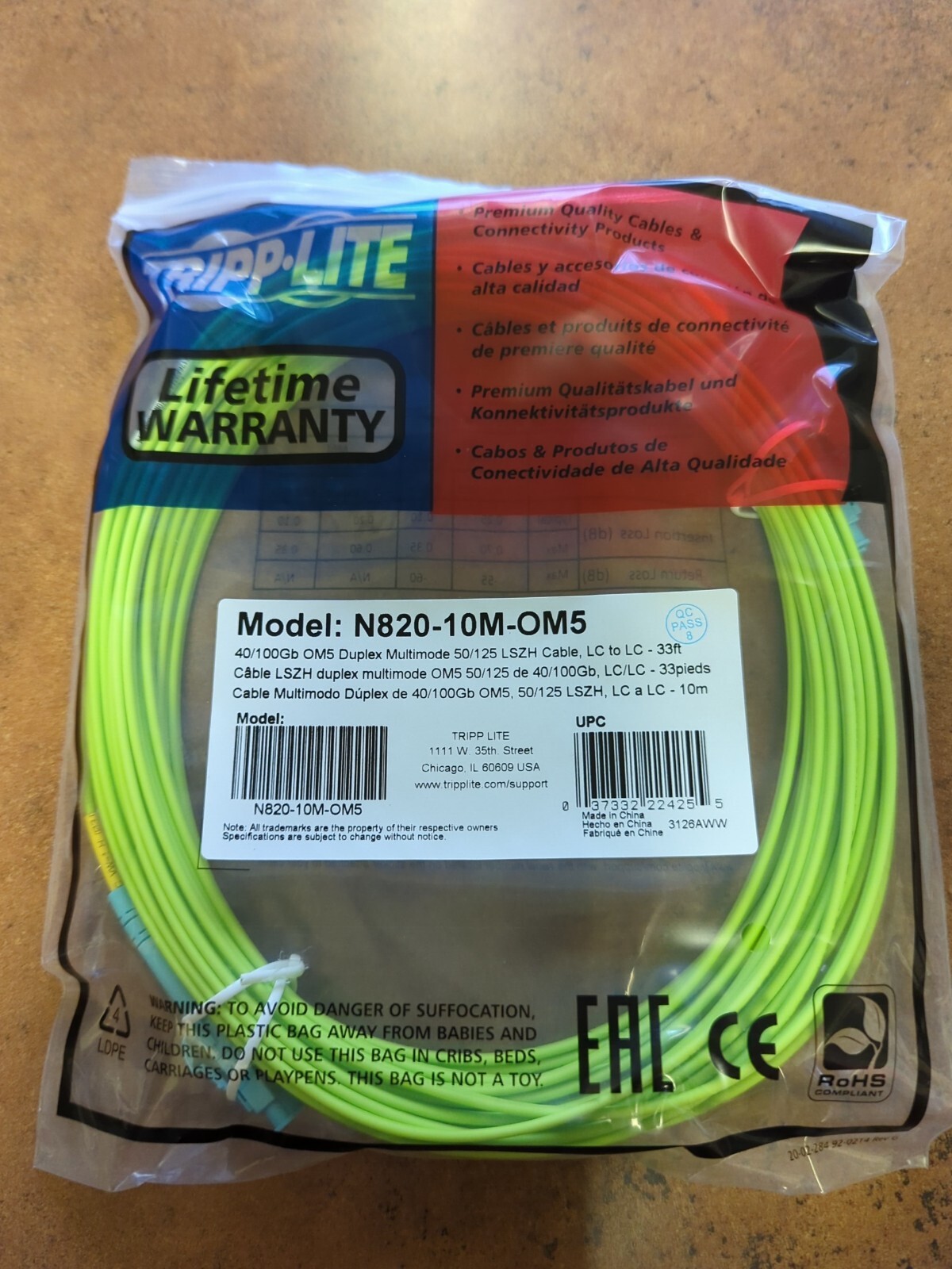 Tripp-Lite 10M Duplex Multimode Fiber Patch Cable OM5 LC LC 50/125 N820-10M-OM5