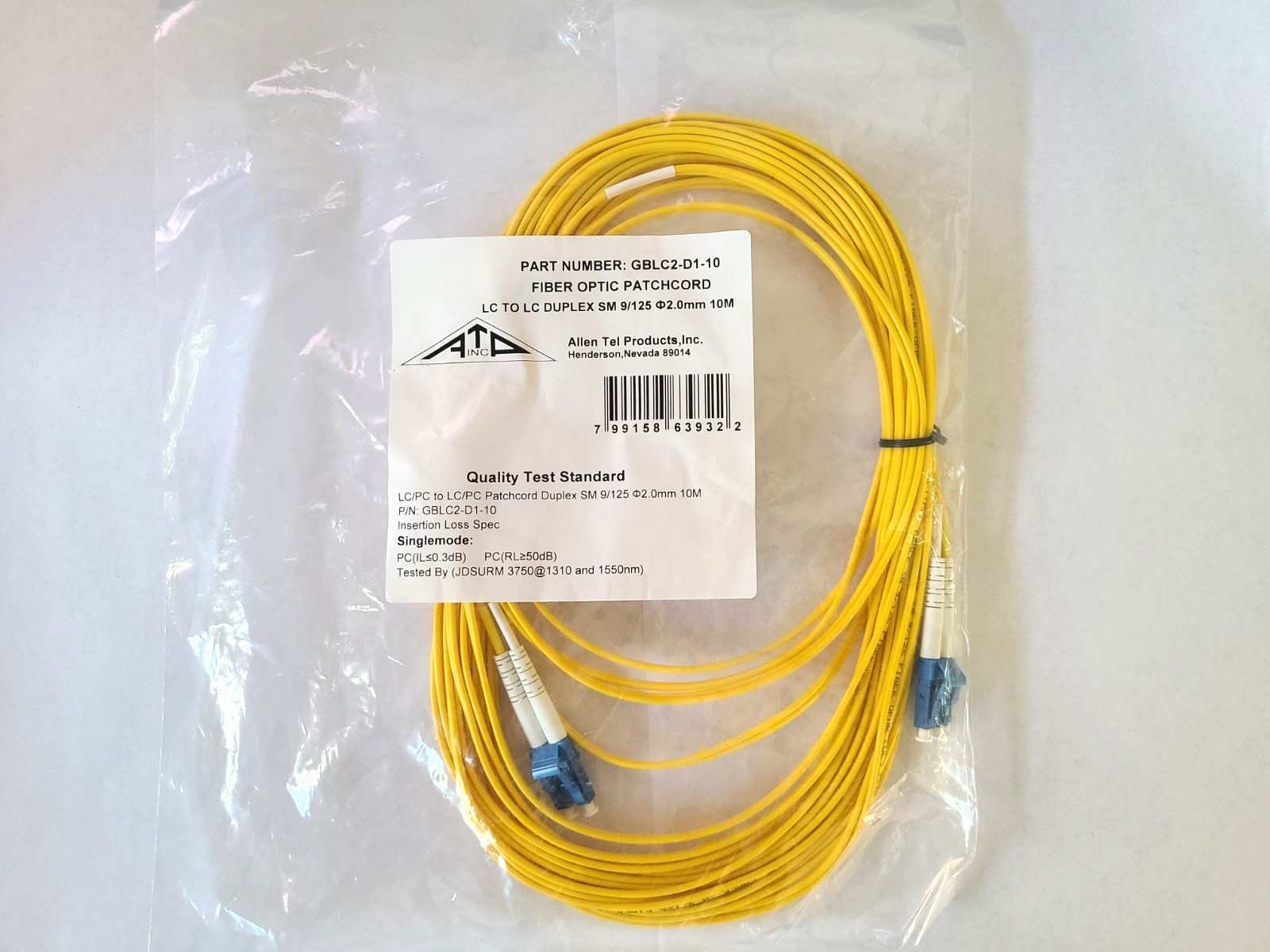 Allen Tel GBLC2-D1-10 Fiber Patch Cable (LC to LC, Single-mode) – 10m
