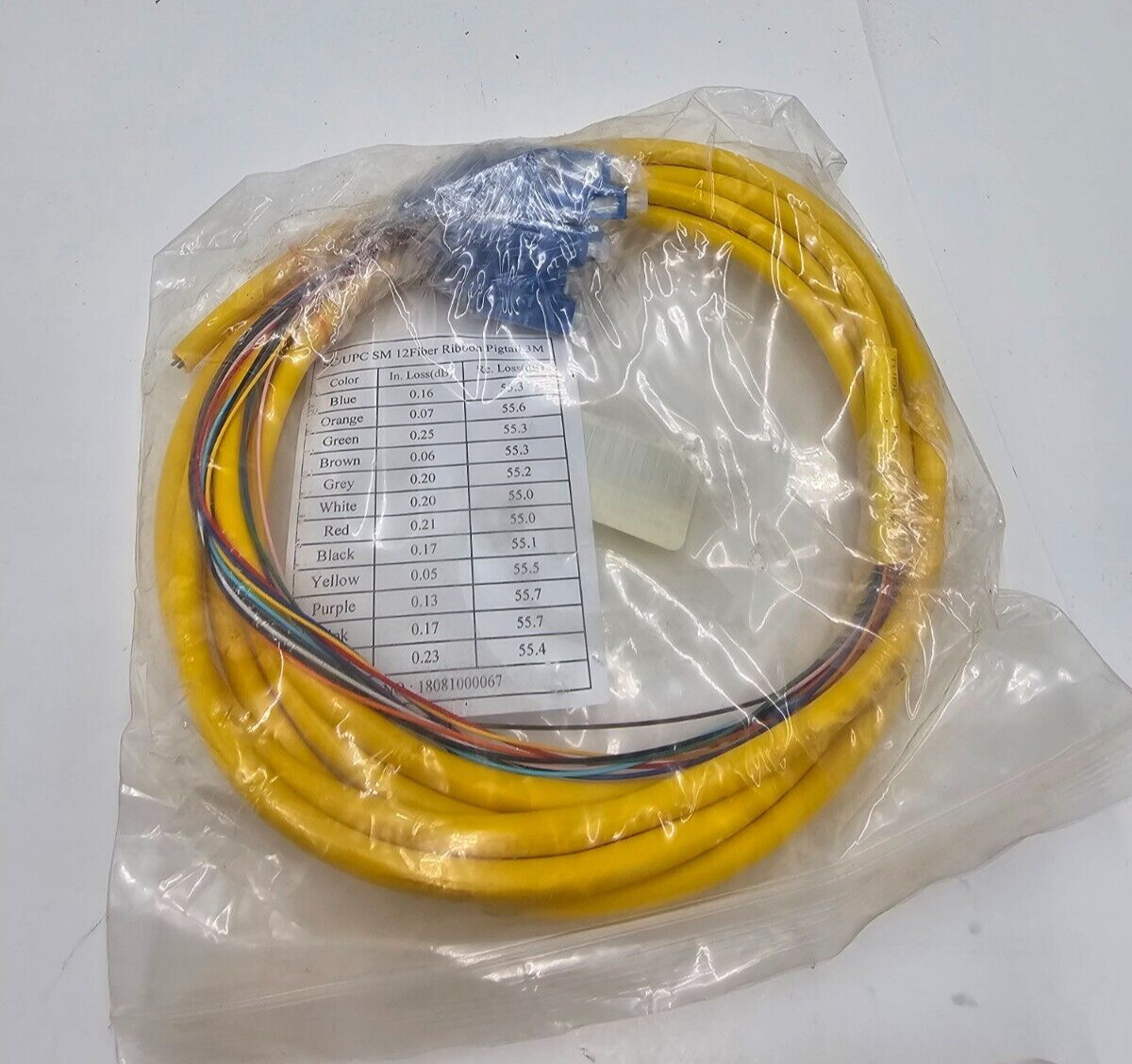 3 Meter SC/UPC SM 12 Fiber Ribbon Pigtail Yellow Blue 0.19dB 55.2dB Single Mode