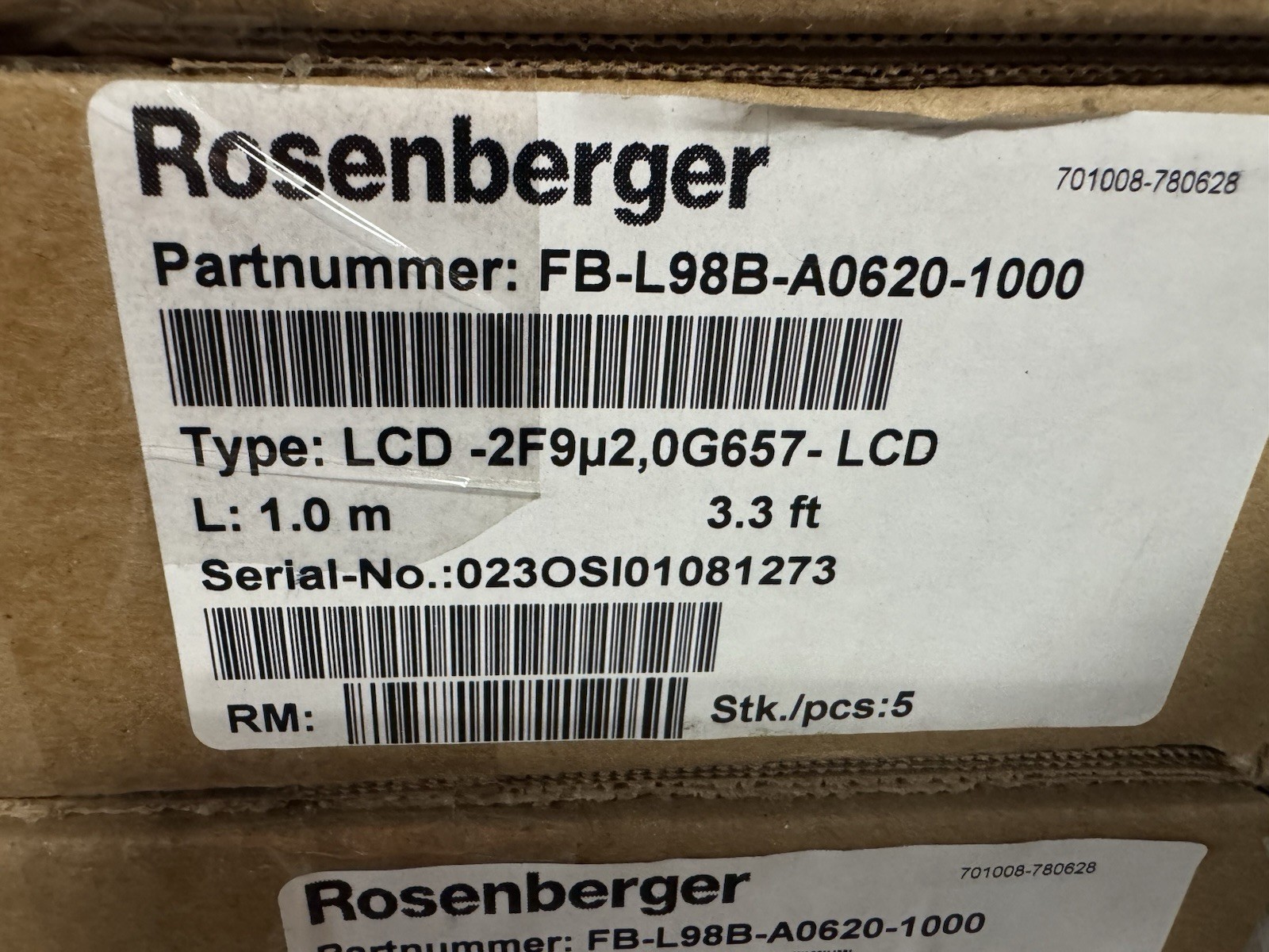 Rosenberger FB-L98B-A0620-1000 3.3 ft Duplex LCD-LCD Fiber Cable Beige