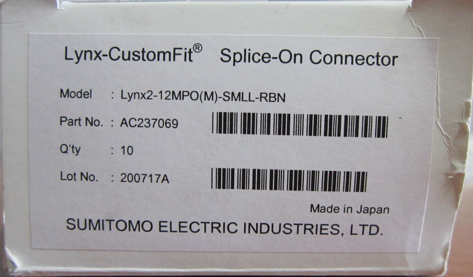 Lot of 10 – Sumitomo Lynx-CustomFit LYNX2-12MPO(M)-SMLL-RBN Splice-On Connector
