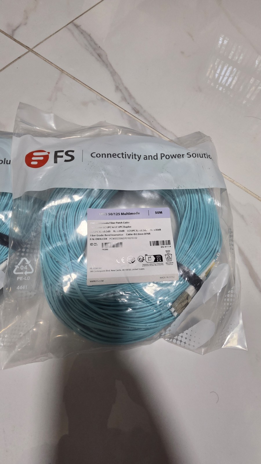 QTY 2 of FS.com OM3 50/125 Multimode Fiber Patch Cable – 50M Length – Brand New