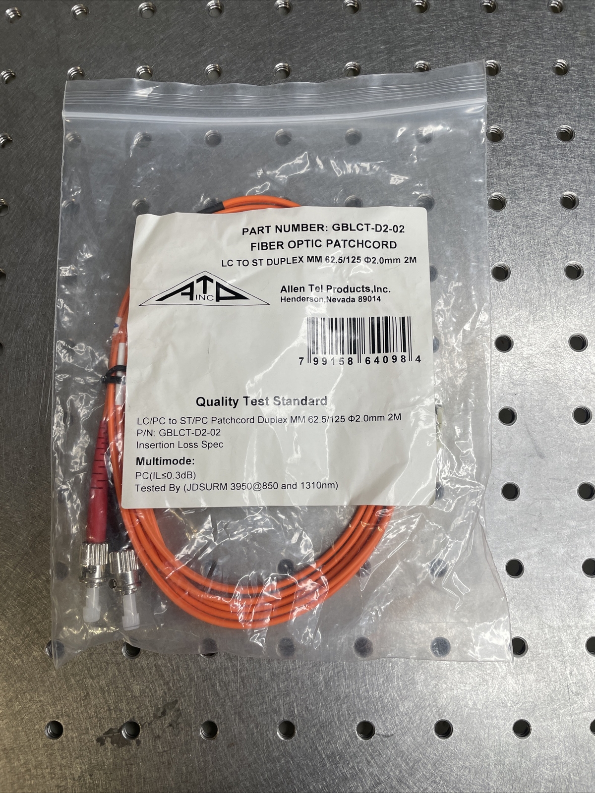 Allen Tel GBLCT-D2-02 Fiber Optic Patch Cord, Multimode OM1 Duplex LC to ST, 2 M