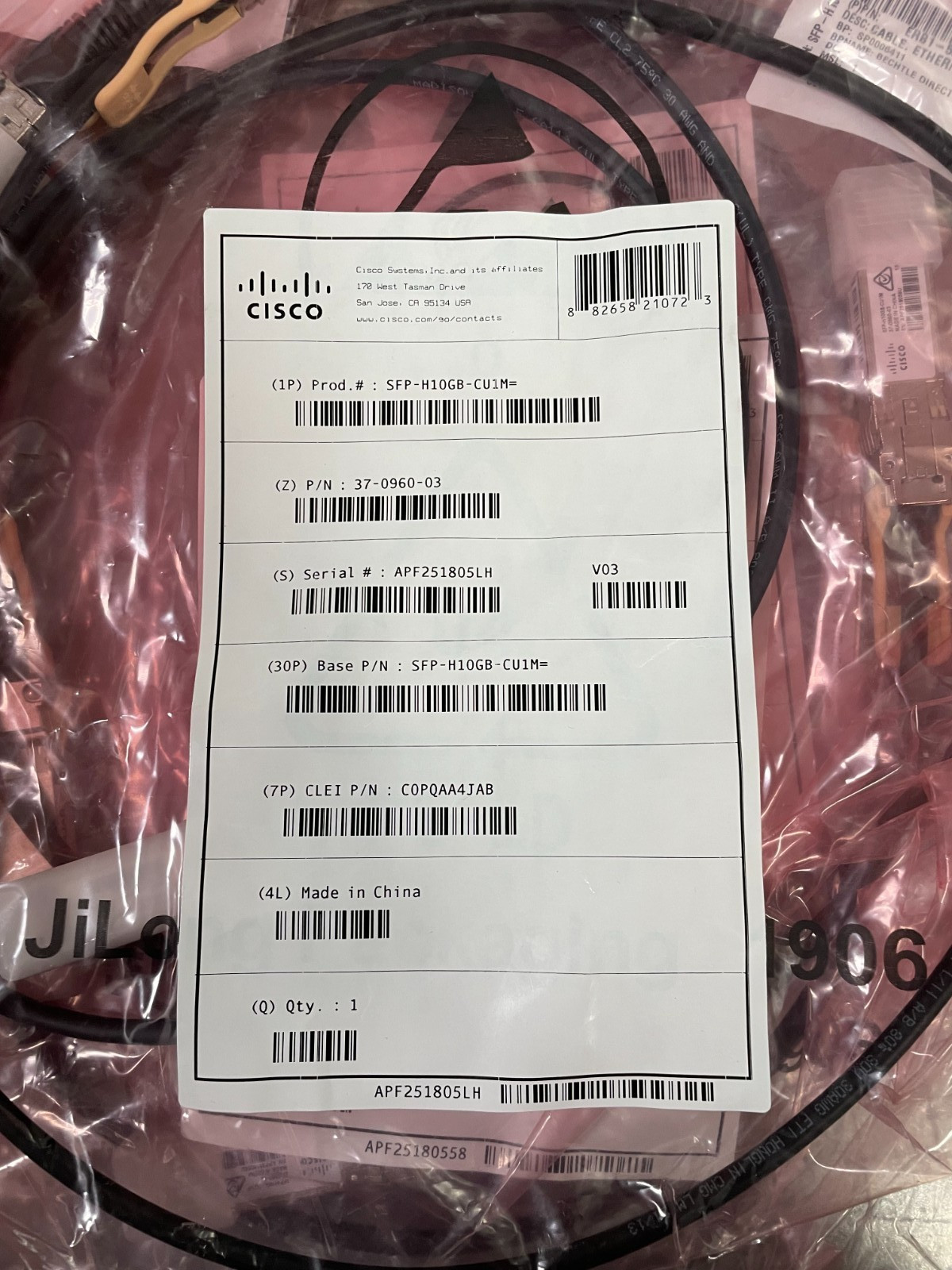 Lot of 3 New CISCO SFP-H10GB-CU1M 10GBASE-CU SFP+ Cable 37-0960-03