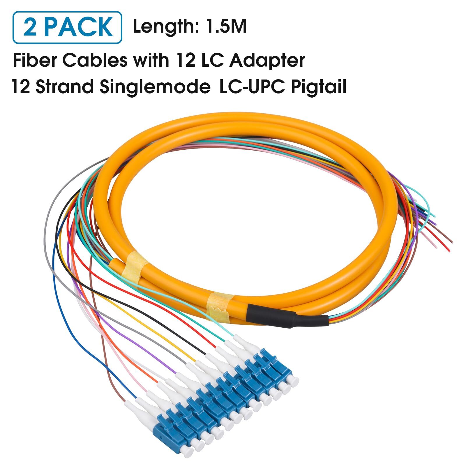 2-Pack LC/UPC Fiber Optic Pigtail 1.5m 12 Strand SingleMode 9/125 Fiber Pigta…
