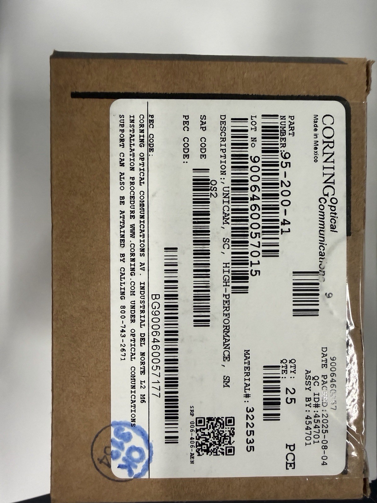 Corning Unicam SC High Performance SM OS2 25 Connectors part number (95-200-41)