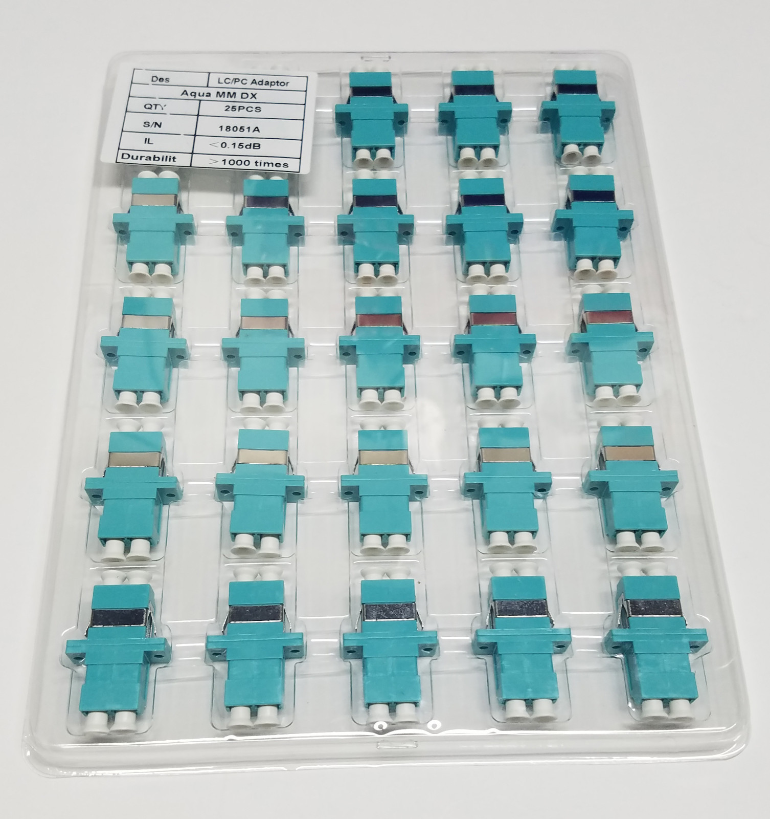 25 Piece Sheet LC/Duplex 50/125 OM3 (Aqua) Adapters, Ceramic Sleeves & Dustcaps