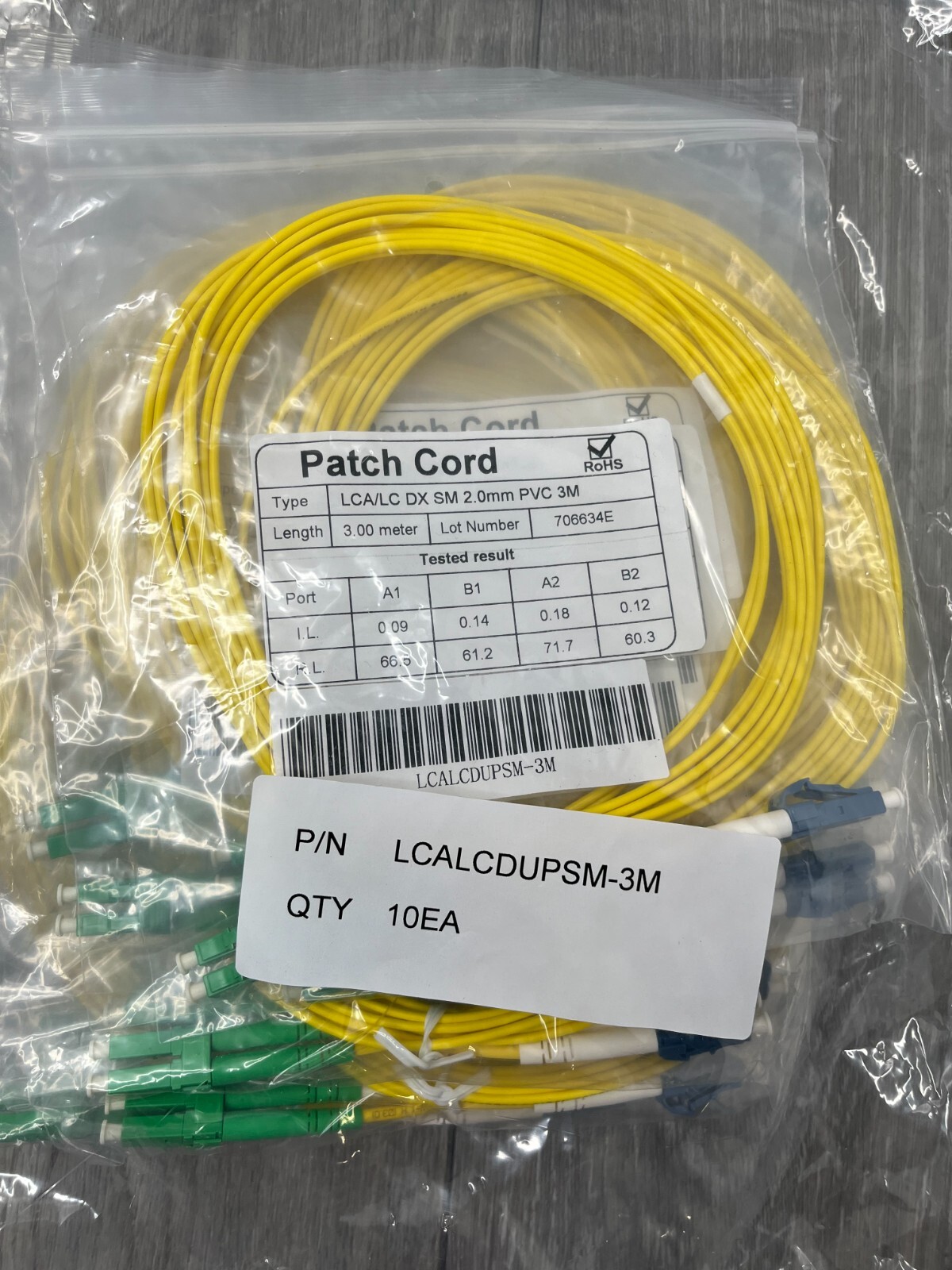 10pk SC/APC to SC/APC Duplex Singlemode PVC Patch Cords, Yellow 3M each