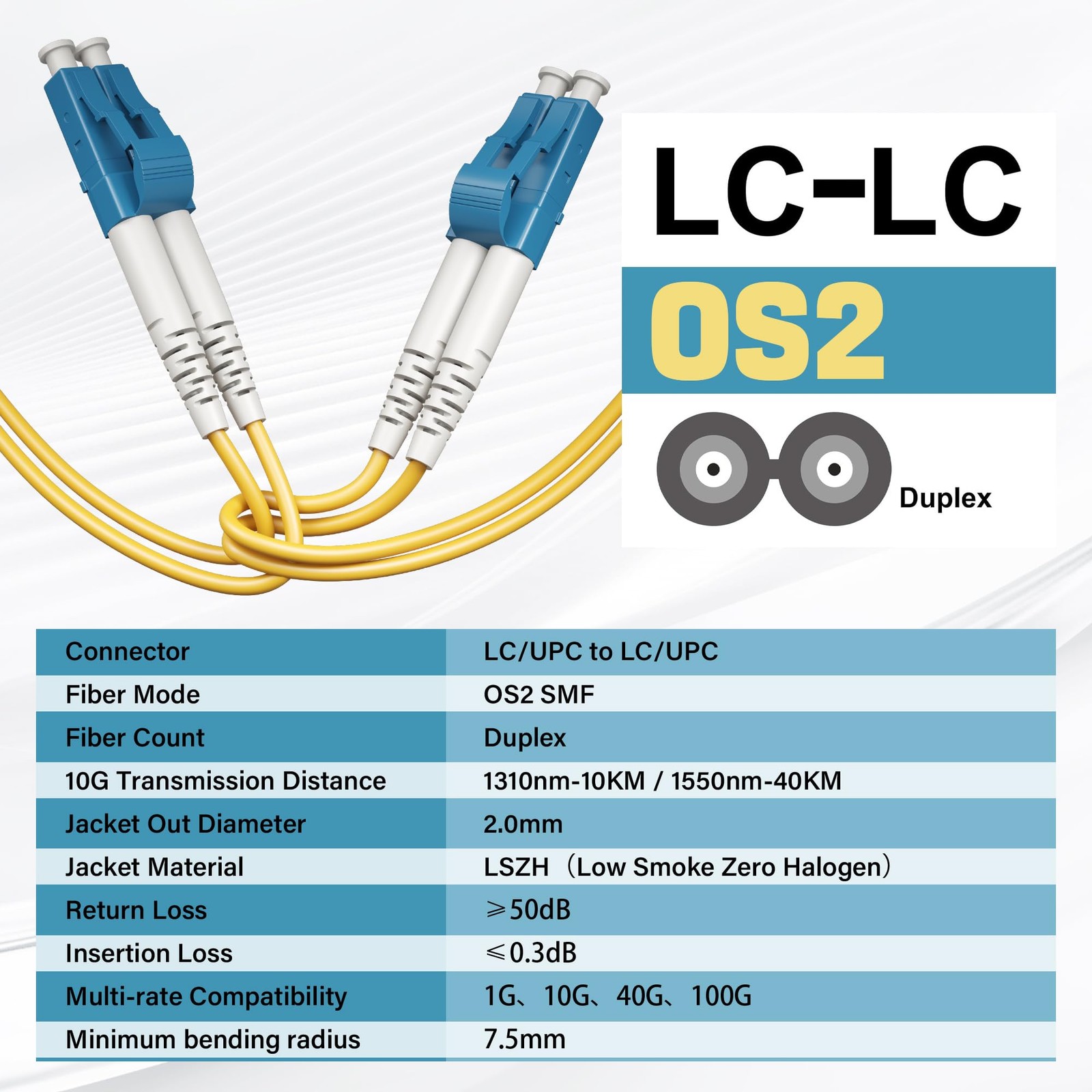 LC to LC OS2 Single Mode Fiber Patch Cable Duplex UPC SMF Yellow Cord 2 FT